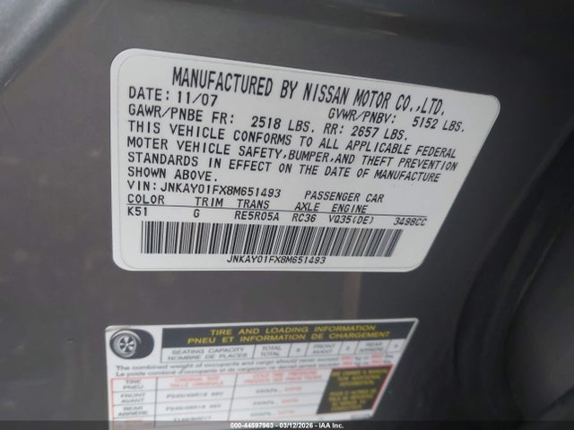 44597963 :رقم المزاد ، JNKAY01FX8M651493 vin ، 2008 Infiniti M35x مزاد بيع