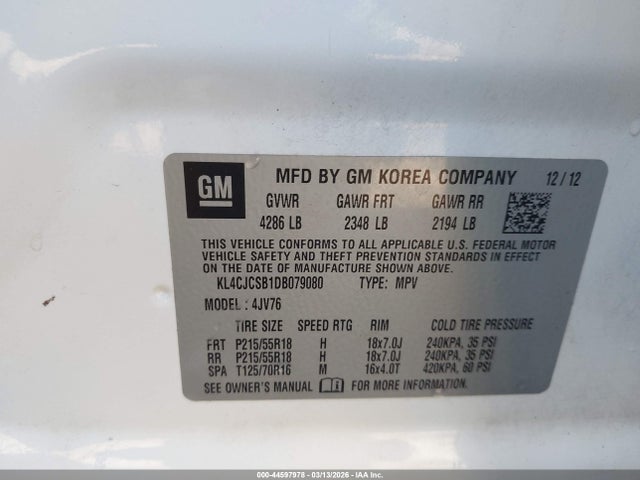 2013 Buick Encore Leather მანქანა იყიდება აუქციონზე, vin: KL4CJCSB1DB079080, აუქციონის ნომერი: 44597978