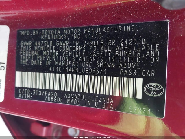 Aukcja sprzedaży 2020 Toyota Camry Le, vin: 4T1C11AK8LU896671, numer aukcji: 44597995