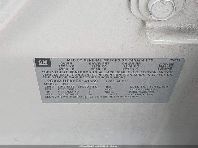 Aukcja sprzedaży 2012 Gmc Terrain Slt-1, vin: 2GKALUEK6C6141569, numer aukcji: 44598007