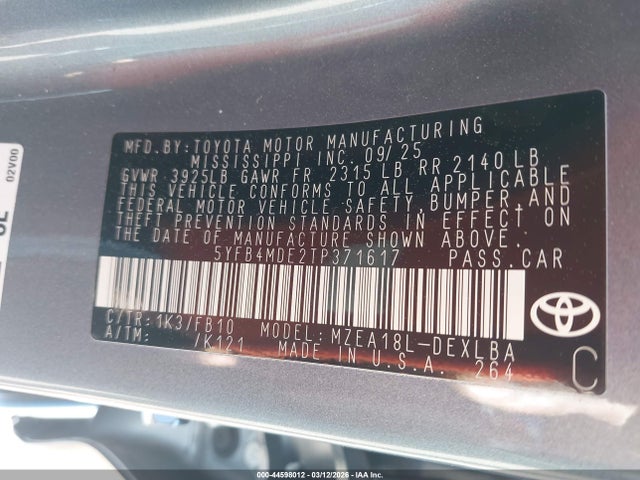 44598012 :رقم المزاد ، 5YFB4MDE2TP371617 vin ، 2026 Toyota Corolla Le مزاد بيع