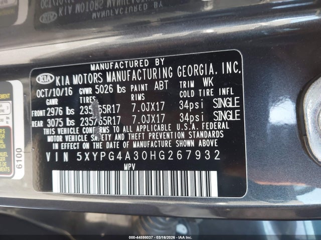 Aukcja sprzedaży 2017 Kia Sorento 2.4l Lx, vin: 5XYPG4A30HG267932, numer aukcji: 44598037
