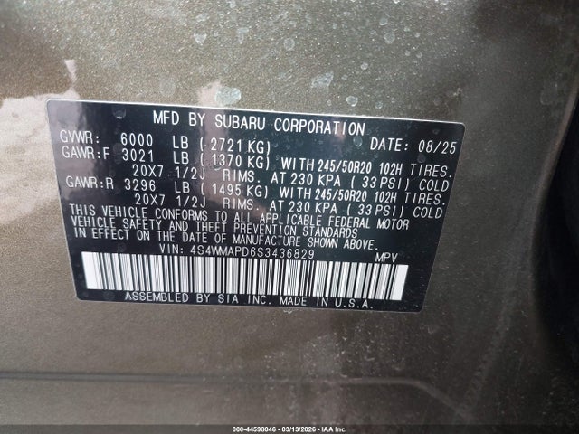 2025 Subaru Ascent Limited 7-passenger მანქანა იყიდება აუქციონზე, vin: 4S4WMAPD6S3436829, აუქციონის ნომერი: 44598046