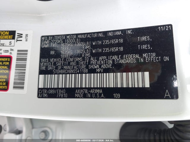 Продажа на аукционе авто 2022 Toyota Highlander Hybrid Xle, vin: 5TDHBRCH8NS541188, номер лота: 44598056