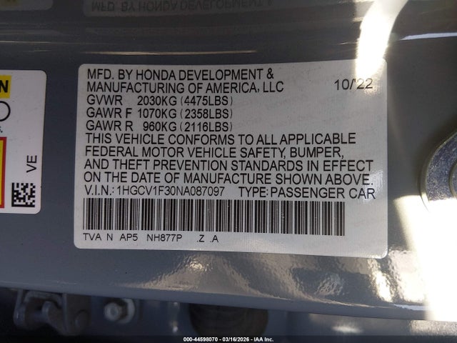 1HGCV1F30NA087097 Honda Accord Sport