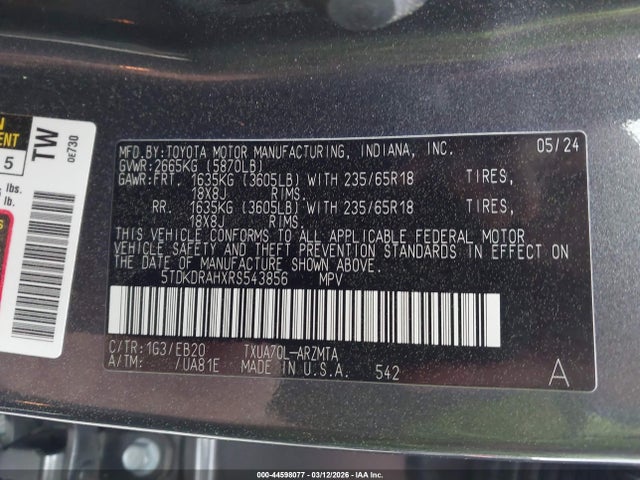 Aukcja sprzedaży 2024 Toyota Highlander Xle, vin: 5TDKDRAHXRS543856, numer aukcji: 44598077