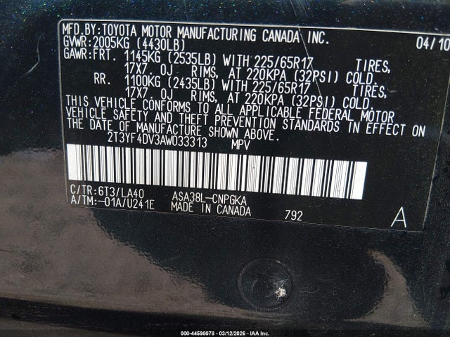 44598078 :رقم المزاد ، 2T3YF4DV3AW033313 vin ، 2010 Toyota Rav4 Limited مزاد بيع