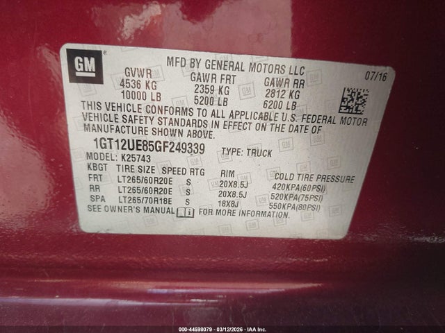 Aukcja sprzedaży 2016 Gmc Sierra 2500hd Denali, vin: 1GT12UE85GF249339, numer aukcji: 44598079