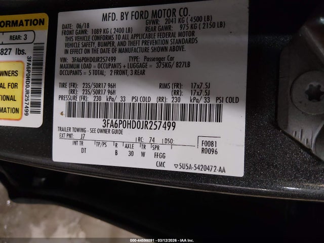 Ford FUSION SE 2018 3FA6P0HD0JR257499 Image 9