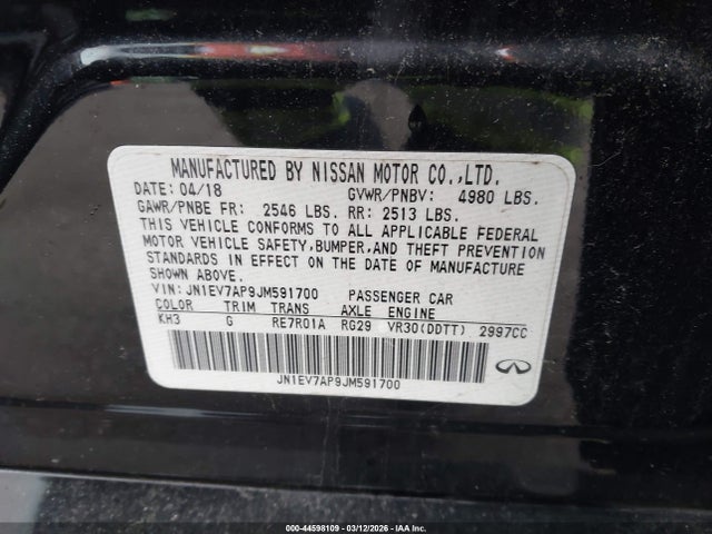 Aukcja sprzedaży 2018 Infiniti Q50 3.0t Luxe, vin: JN1EV7AP9JM591700, numer aukcji: 44598109