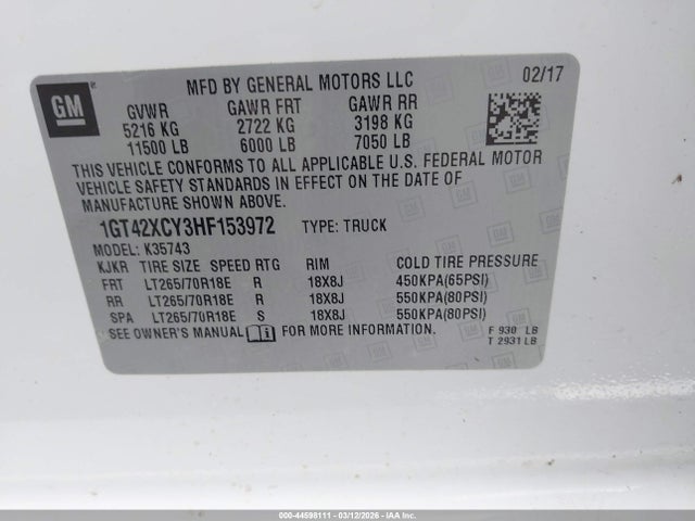 Auction sale of the 2017 Gmc Sierra 3500hd Slt, vin: 1GT42XCY3HF153972, lot number: 44598111