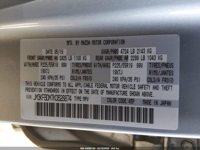 44598130 :رقم المزاد ، JM3KFBDM7K0628874 vin ، 2019 Mazda Cx-5 Grand Touring مزاد بيع