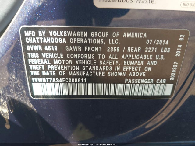 Aukcja sprzedaży 2015 Volkswagen Passat 1.8t Se, vin: 1VWBT7A34FC008611, numer aukcji: 44598139