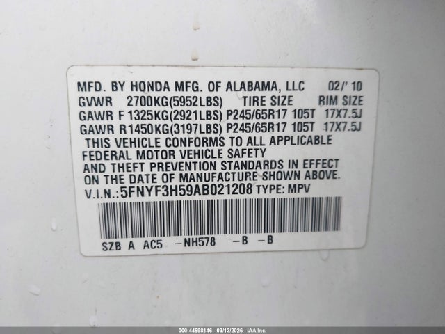 2010 HONDA PILOT 5FNYF3H59AB021208 Photo 8