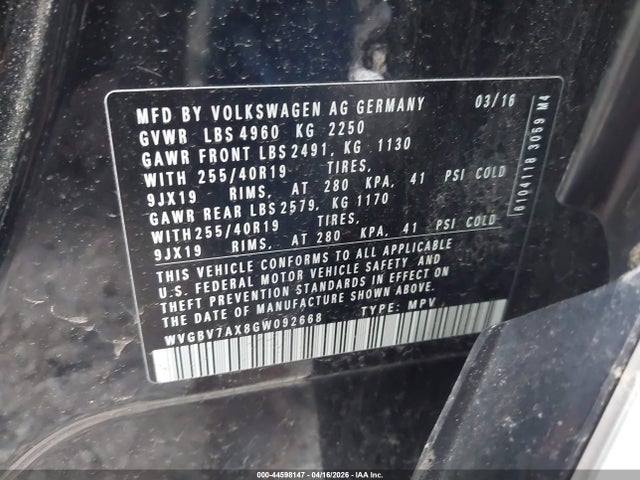 44598147 :رقم المزاد ، WVGBV7AX8GW092668 vin ، 2016 Volkswagen Tiguan R-line مزاد بيع