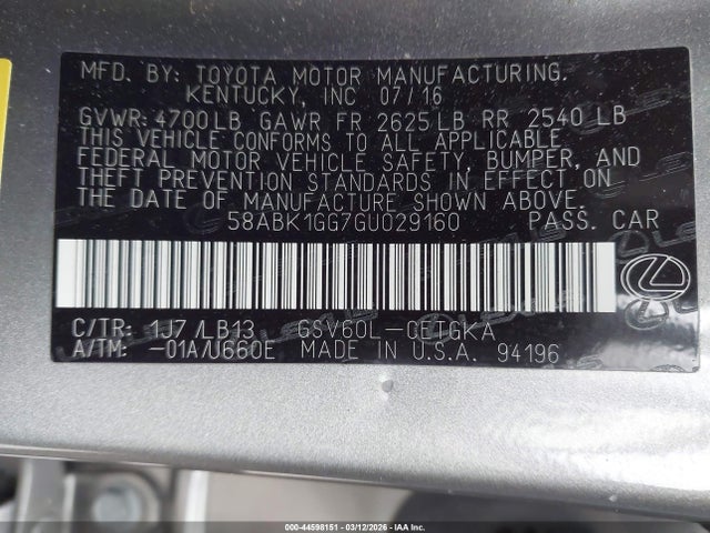 Aukcja sprzedaży 2016 Lexus Es 350, vin: 58ABK1GG7GU029160, numer aukcji: 44598151