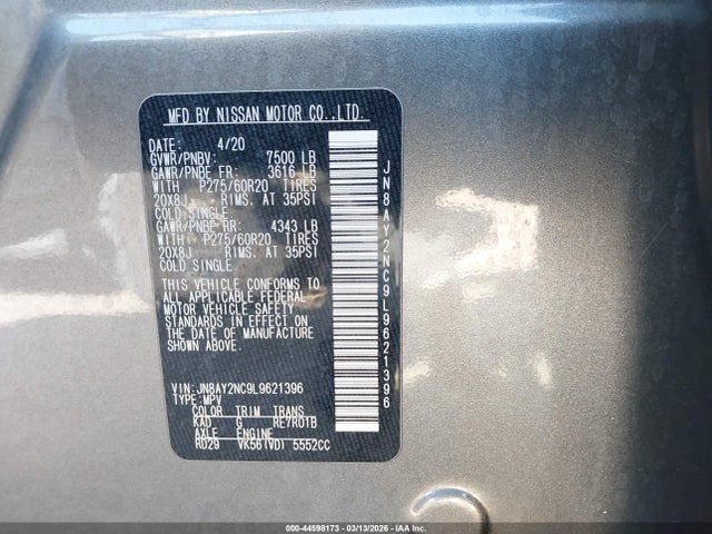 2020 Nissan Armada Sl 4wd მანქანა იყიდება აუქციონზე, vin: JN8AY2NC9L9621396, აუქციონის ნომერი: 44598173