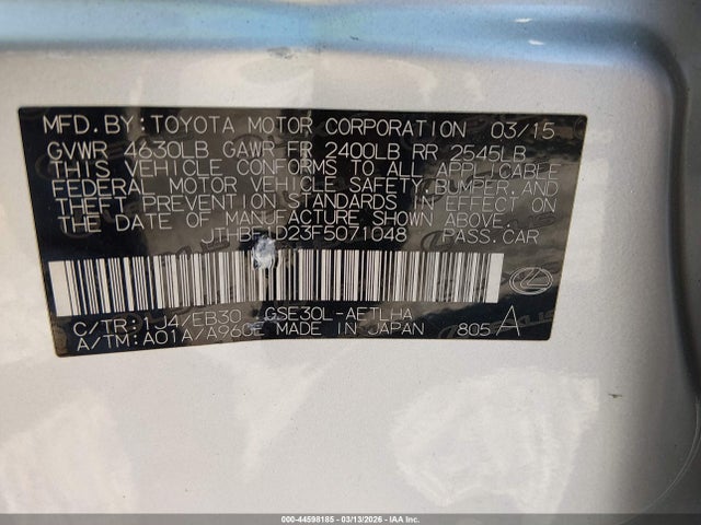 Продажа на аукционе авто 2015 Lexus Is 250, vin: JTHBF1D23F5071048, номер лота: 44598185