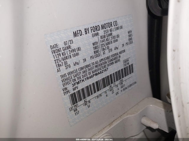Продажа на аукционе авто 2023 Ford Mustang Mach-e Select, vin: 3FMTK1R46PMA62167, номер лота: 44598188
