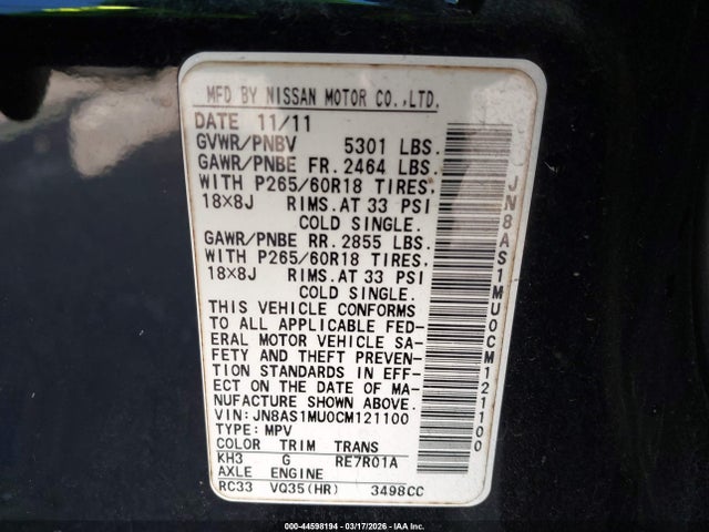 44598194 :رقم المزاد ، JN8AS1MU0CM121100 vin ، 2012 Infiniti Fx35 مزاد بيع
