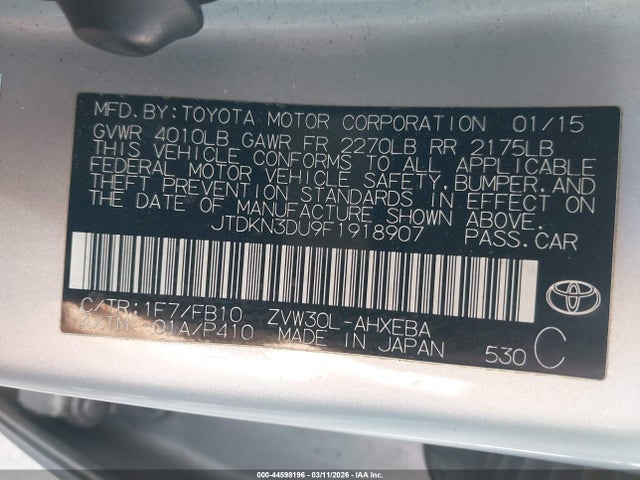 Toyota Prius Two 2015 JTDKN3DU9F1918907 Image 9