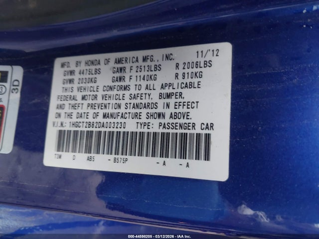 44598205 :رقم المزاد ، 1HGCT2B82DA003230 vin ، 2013 Honda Accord Ex-l V-6 مزاد بيع