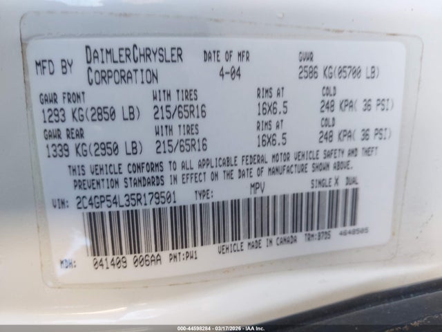 44598284 :رقم المزاد ، 2C4GP54L35R179501 vin ، 2005 Chrysler Town & Country Touring مزاد بيع