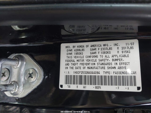 Aukcja sprzedaży 2008 Honda Accord 2.4 Lx, vin: 1HGCP25328A044094, numer aukcji: 44598305