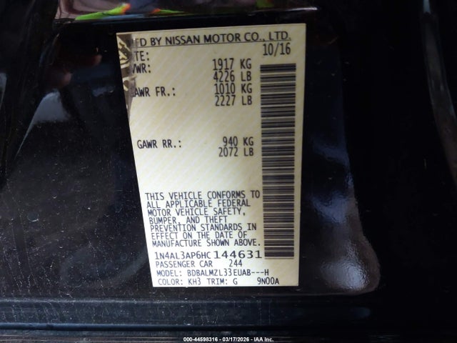1N4AL3AP6HC144631 Nissan Altima 2.5 Sv