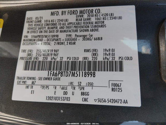Продаж на аукціоні авто 2021 Ford Mustang Ecoboost Premium Fastback, vin: 1FA6P8TD7M5118998, номер лоту: 44598355