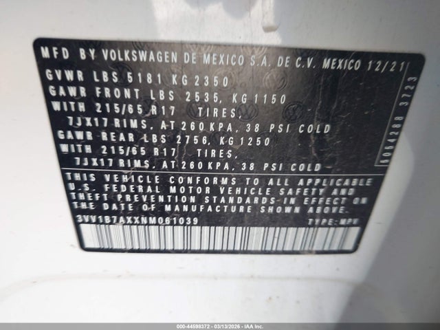 2022 Volkswagen Tiguan 2.0t S მანქანა იყიდება აუქციონზე, vin: 3VV1B7AXXNM061039, აუქციონის ნომერი: 44598372
