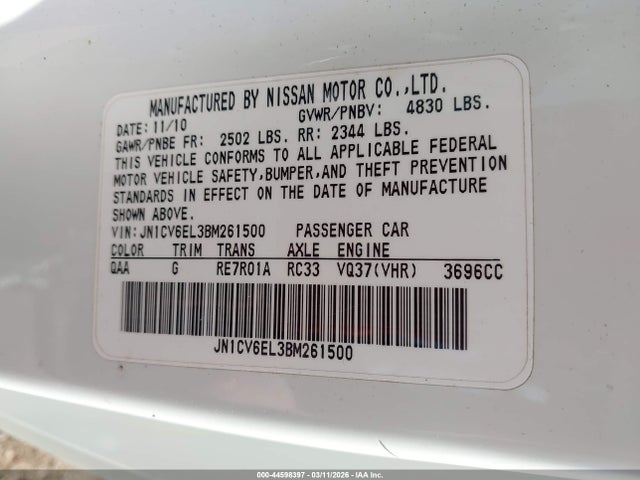 Продажа на аукционе авто 2011 Infiniti G37x, vin: JN1CV6EL3BM261500, номер лота: 44598397