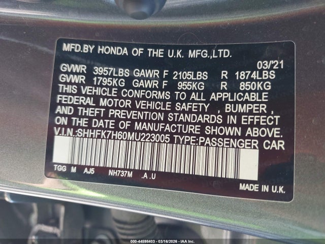 Honda CIVIC EX 2021 SHHFK7H60MU223005 Image 9