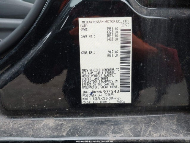 Aukcja sprzedaży 2021 Nissan Altima Sv Fwd, vin: 1N4BL4DVXMN307543, numer aukcji: 44598416