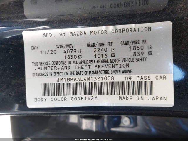 Aukcja sprzedaży 2021 Mazda Mazda3 2.5 S, vin: JM1BPAAL4M1321008, numer aukcji: 44598420