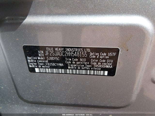 2017 Subaru Forester 2.5i Premium მანქანა იყიდება აუქციონზე, vin: JF2SJAGC2HH548155, აუქციონის ნომერი: 44598422