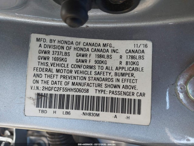 Honda Civic Lx 2017 2HGFC2F55HH506058 Image 9