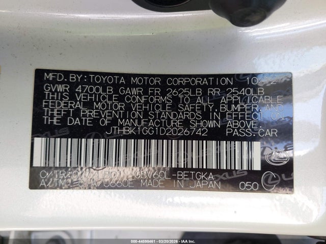 44598461 :رقم المزاد ، JTHBK1GG1D2026742 vin ، 2013 Lexus Es 350 مزاد بيع