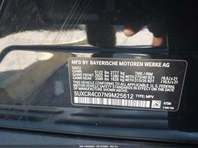Aukcja sprzedaży 2022 Bmw X5 Sdrive40i, vin: 5UXCR4C07N9M25612, numer aukcji: 44598483