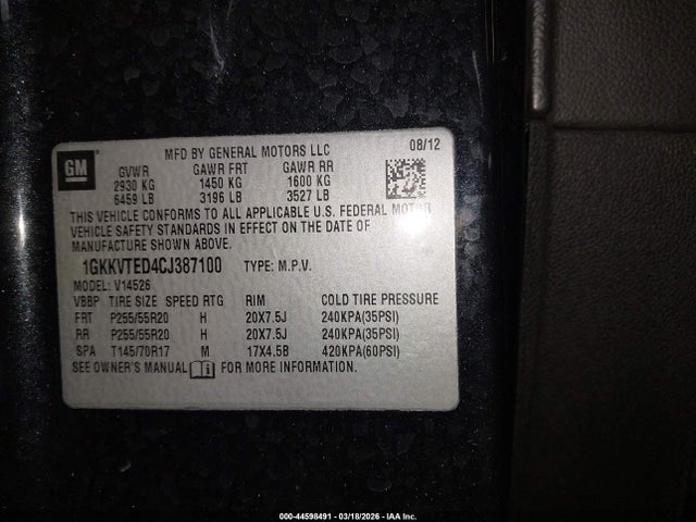 44598491 :رقم المزاد ، 1GKKVTED4CJ387100 vin ، 2012 Gmc Acadia Denali مزاد بيع