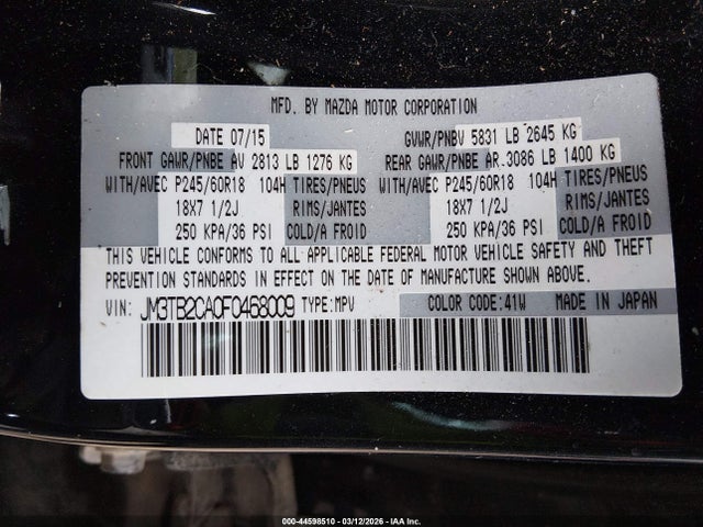 Aukcja sprzedaży 2015 Mazda Cx-9 Touring, vin: JM3TB2CA0F0468009, numer aukcji: 44598510