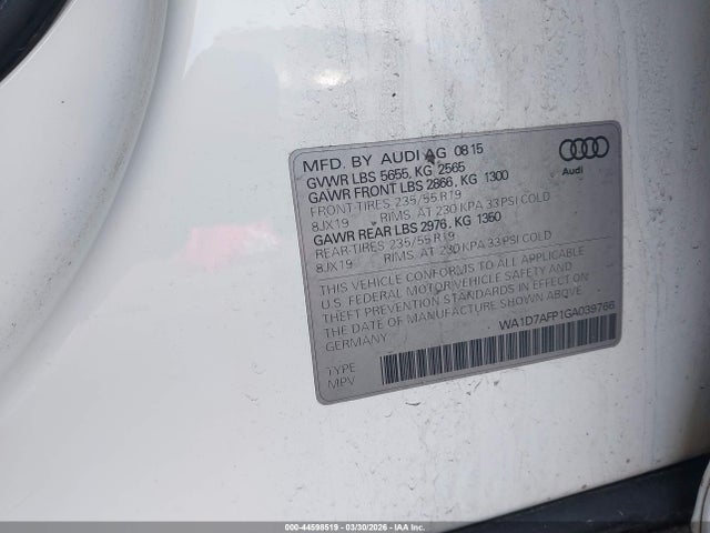 44598519 :رقم المزاد ، WA1D7AFP1GA039766 vin ، 2016 Audi Q5 3.0t Premium Plus مزاد بيع