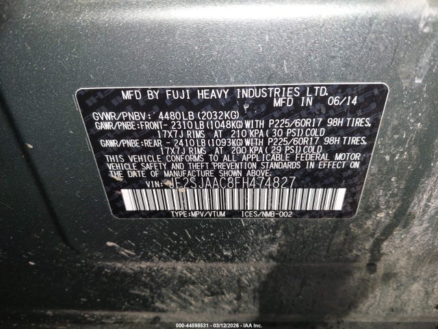 2015 Subaru Forester 2.5i მანქანა იყიდება აუქციონზე, vin: JF2SJAAC8FH474827, აუქციონის ნომერი: 44598531