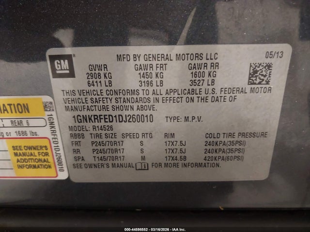 Aukcja sprzedaży 2013 Chevrolet Traverse Ls, vin: 1GNKRFED1DJ260010, numer aukcji: 44598552