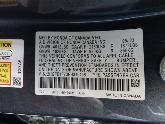 Honda Civic Ex/ex W/o Bsi 2023 2HGFE1F73PH316456 Image 9