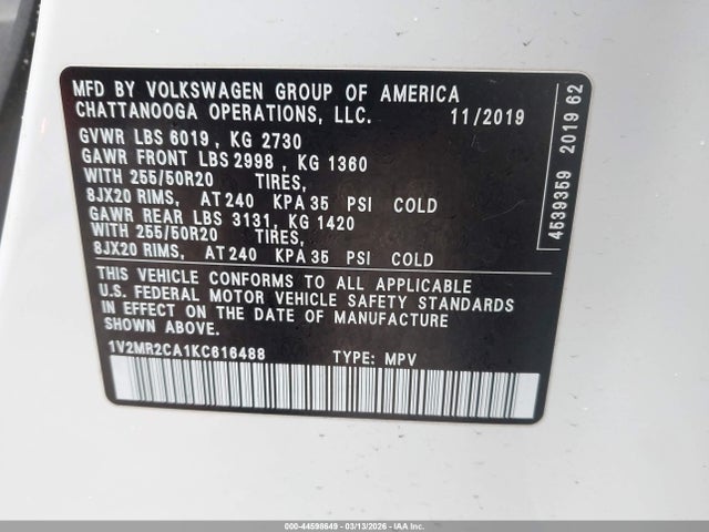 Продаж на аукціоні авто 2019 Volkswagen Atlas 3.6l V6 Sel, vin: 1V2MR2CA1KC616488, номер лоту: 44598649