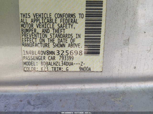 44598674 :رقم المزاد ، 1N4BL4DV8MN325698 vin ، 2021 Nissan Altima Sv Fwd مزاد بيع