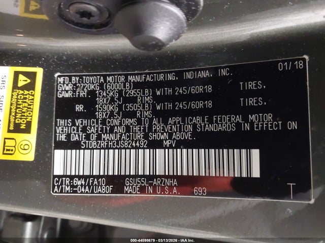 Toyota Highlander Le Plus 2018 5TDBZRFH3JS824492 Image 9