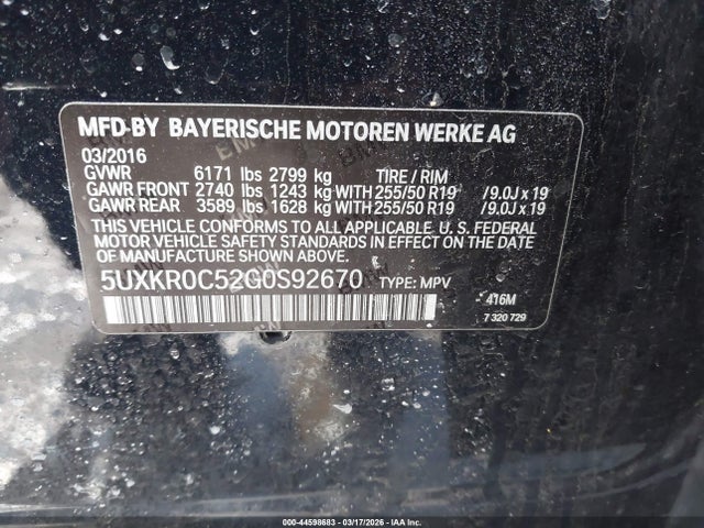 2016 Bmw X5 Xdrive35i მანქანა იყიდება აუქციონზე, vin: 5UXKR0C52G0S92670, აუქციონის ნომერი: 44598683