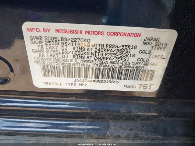 Продаж на аукціоні авто 2016 Mitsubishi Outlander Gt, vin: JA4JZ4AX8GZ016699, номер лоту: 44598688